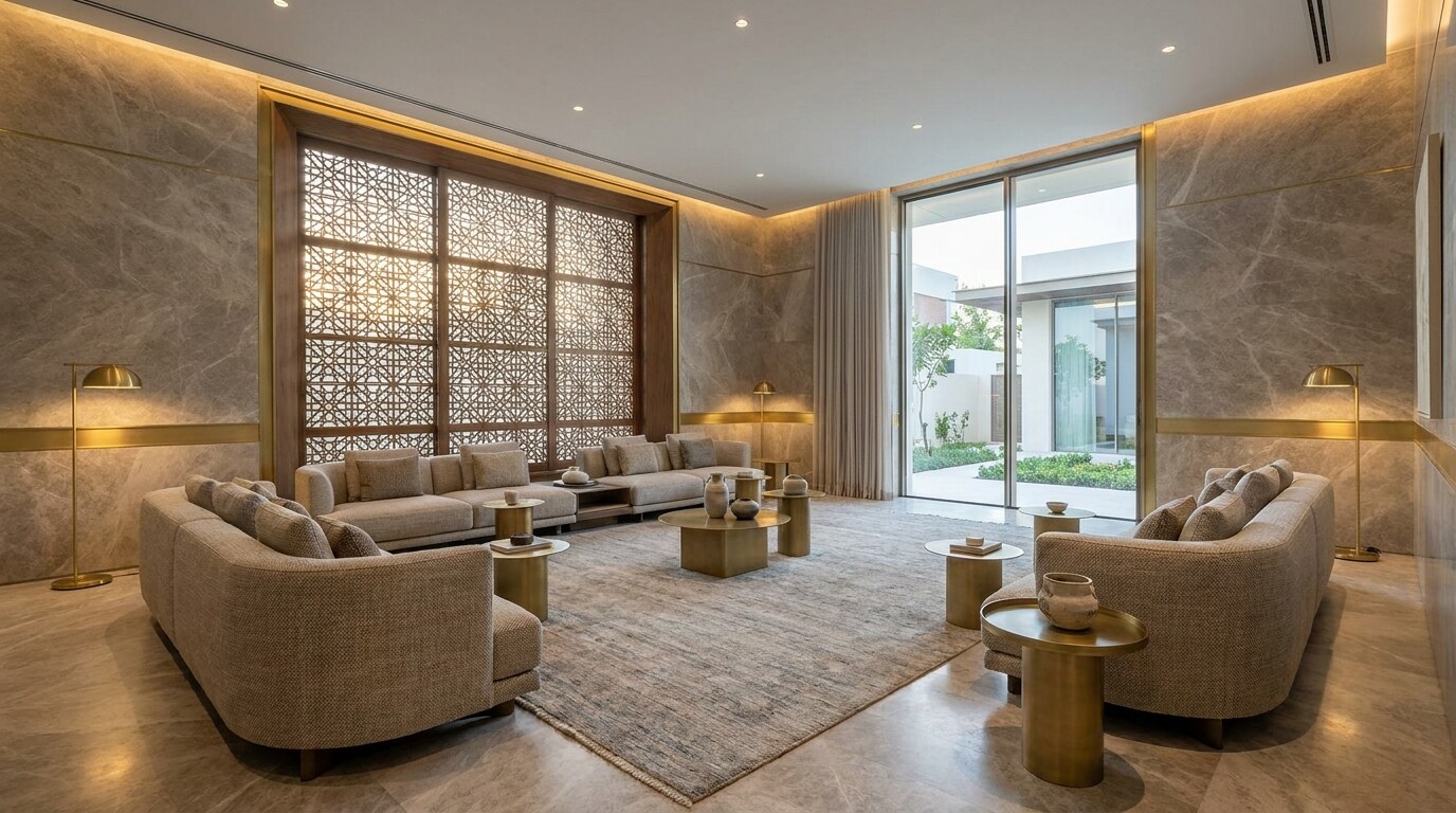 Contemporary Heritage Majlis Design: Greige Marble, Brass, and Modern Mashrabiya