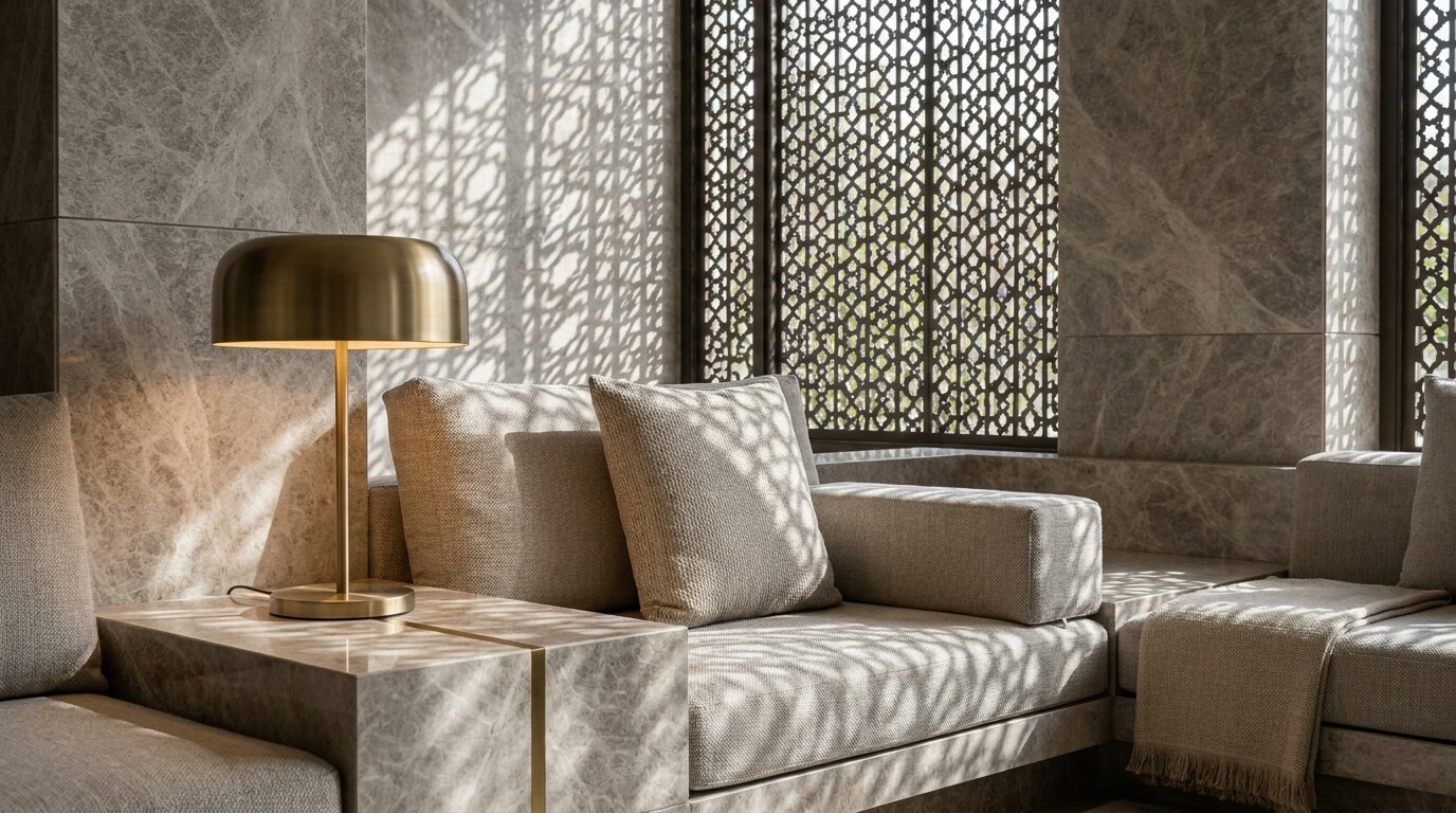 Contemporary Heritage Majlis Design: Greige Marble, Brass, and Modern Mashrabiya visual reference 2 showing close detail of CNC mashrabiya panel casting patterned light onto marble and textile seating