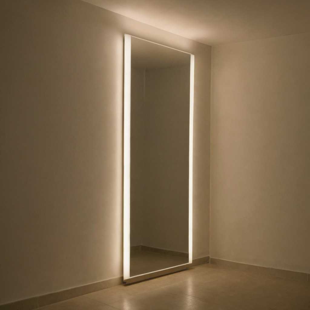 Side lighting usually gives floor mirrors a better starting geometry than ceiling-only light editorial visual