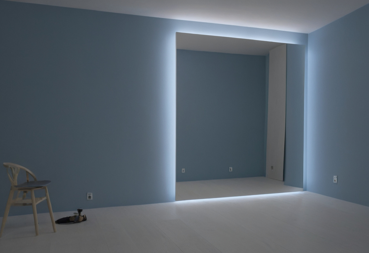 Can floor mirrors increase uneven fading on grey-blue wallpaper editorial visual